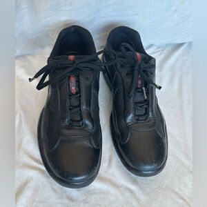Prada America’s cup Men's Black Leather & Mesh Sneakers with Red Stripe